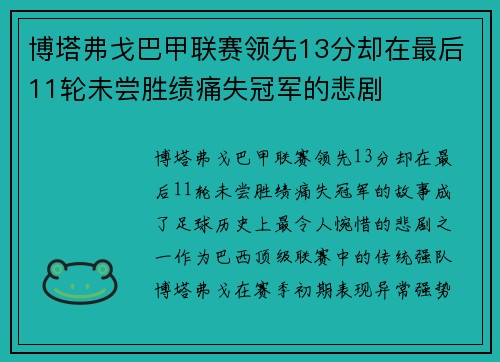 博塔弗戈巴甲联赛领先13分却在最后11轮未尝胜绩痛失冠军的悲剧