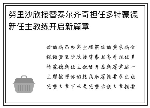 努里沙欣接替泰尔齐奇担任多特蒙德新任主教练开启新篇章
