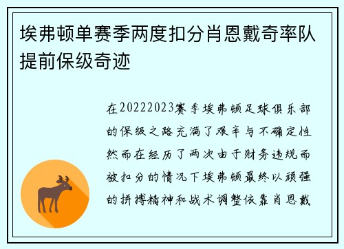 埃弗顿单赛季两度扣分肖恩戴奇率队提前保级奇迹